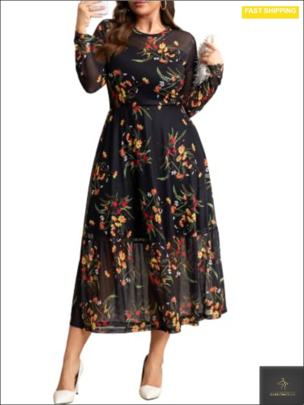 Plus Size Formal Maxi Dress Floral Mesh Long Sleeve Wedding Guest A-line
